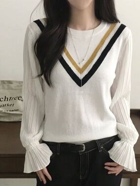 Soft Style White V-Neck Sweater with Gold and Black Stripes